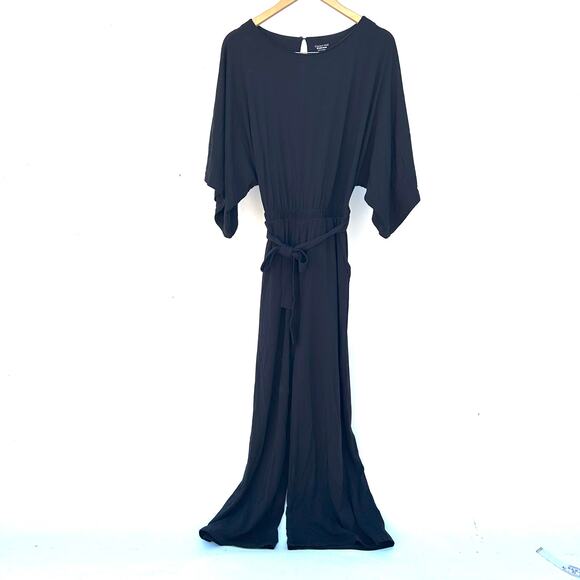 Garnet Hill Prato Knit Jumpsuit Black XS Extra Small Wide Leg Lyocell Flowy - Picture 2 of 10
